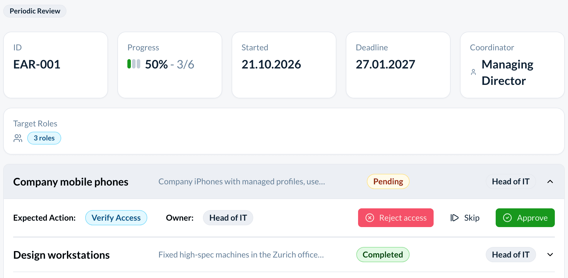 The access review EAR-001: the review cards with the coordinator and three target roles, and the asset Company mobile phones expanded with expected action Verify Access, owner Head of IT, and the buttons Reject access, Skip and Approve.