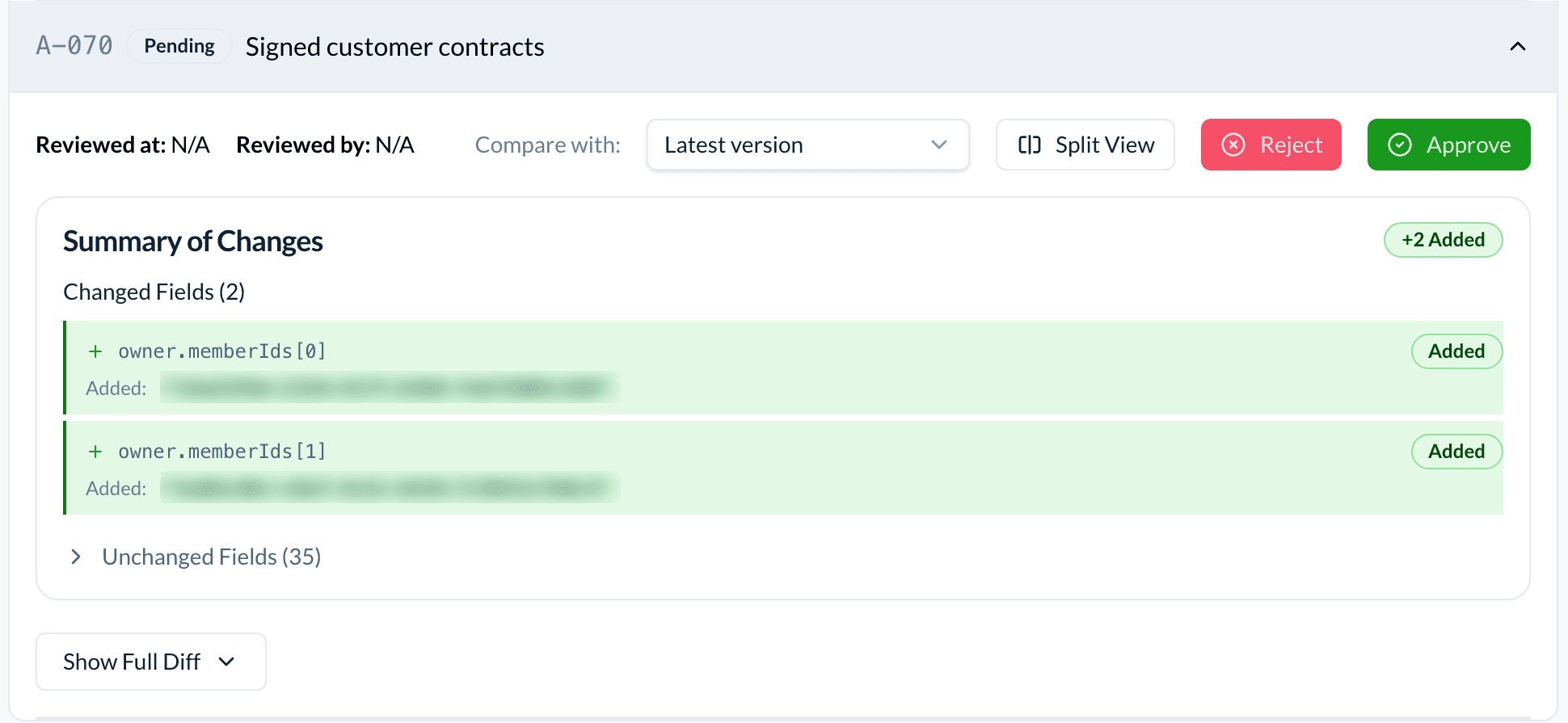 The asset A-070 Signed customer contracts expanded in the asset review AAR-002: Compare with Latest version, Split View, Reject and Approve, and a Summary of Changes with two changed fields.
