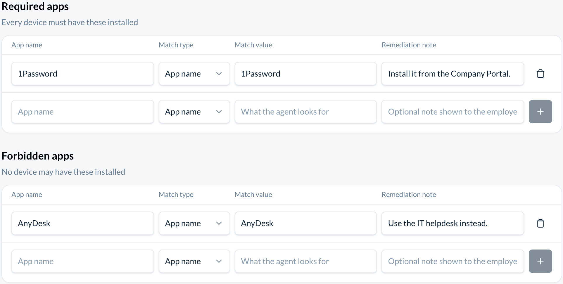 The App policy page of Acme AG: 1Password under Required apps and AnyDesk under Forbidden apps, each matched by app name and with a short remediation note, and an empty row under each list for the next entry.