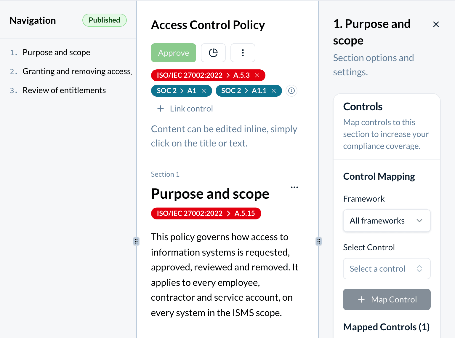 The editor's three panels with the Access Control Policy open: the numbered contents on the left, the text in the middle, and the Controls card of the selected section on the right.