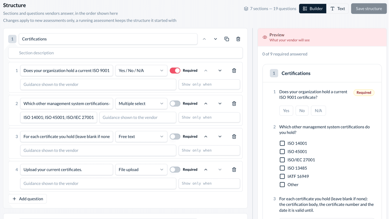 A custom copy of the Supplier quality template: each question row sets its type and Required switch on the left, and the preview on the right shows the same questions as the supplier will see them.