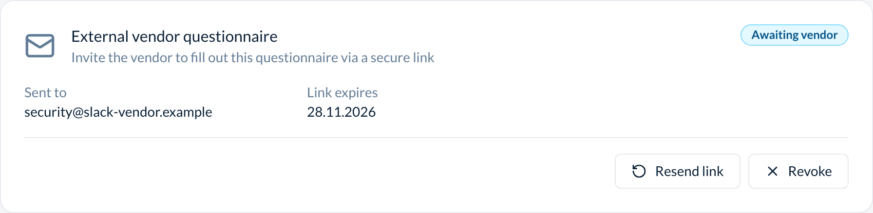 The panel after sending: Awaiting vendor, with the contact, the expiry date, and Resend link and Revoke.