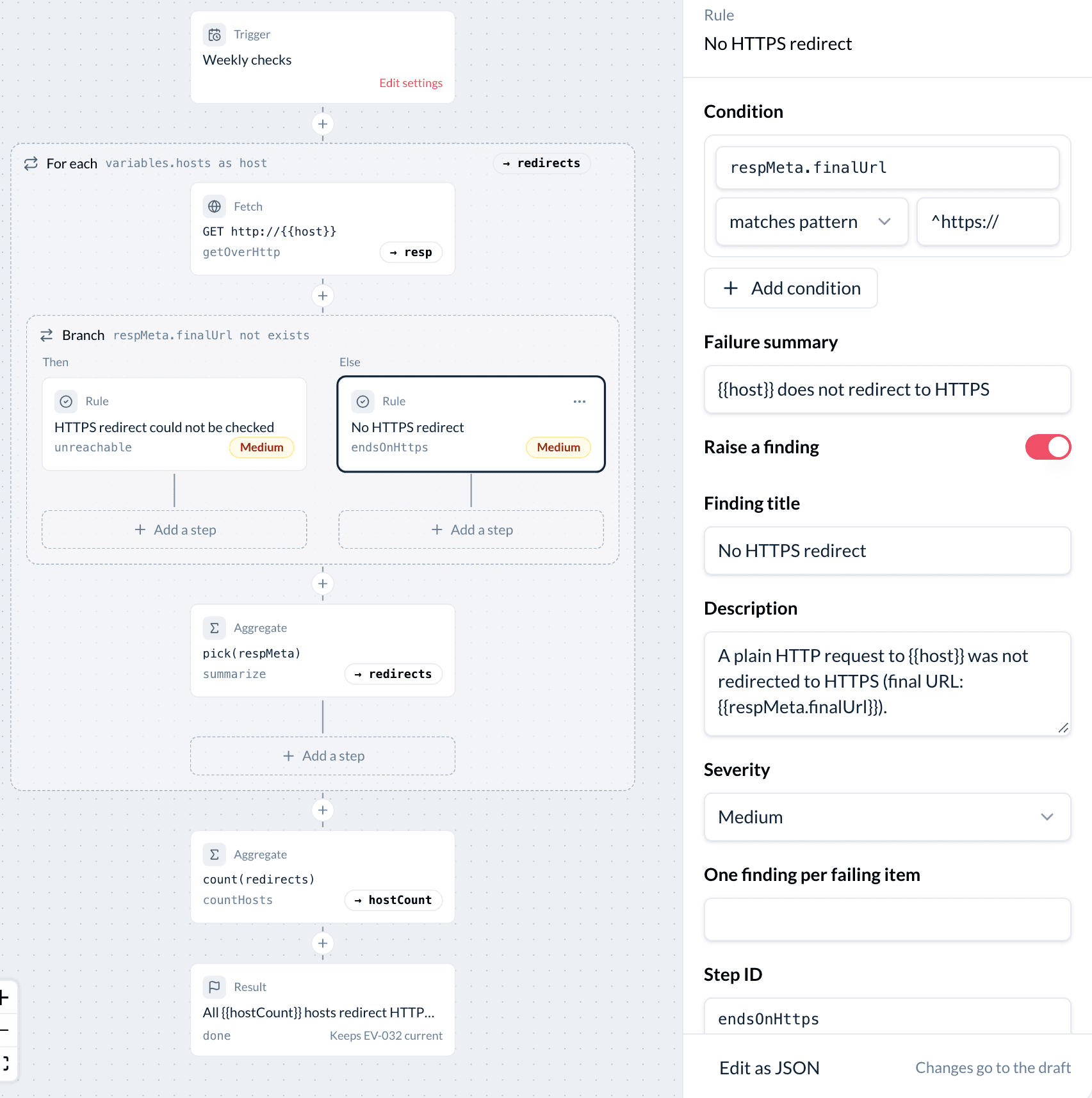 A catalog check in edit mode: the Rule step No HTTPS redirect is selected inside a Branch, and the panel on the right shows its condition, failure summary, finding title, description and severity.