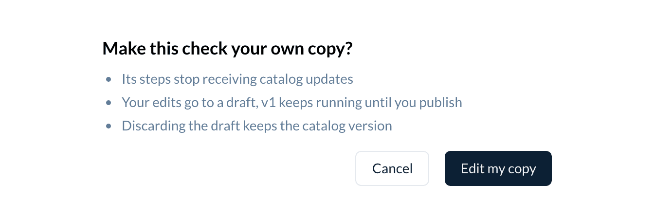 The dialog Make this check your own copy?: its steps stop receiving catalog updates, edits go to a draft while v1 keeps running, and discarding the draft keeps the catalog version.