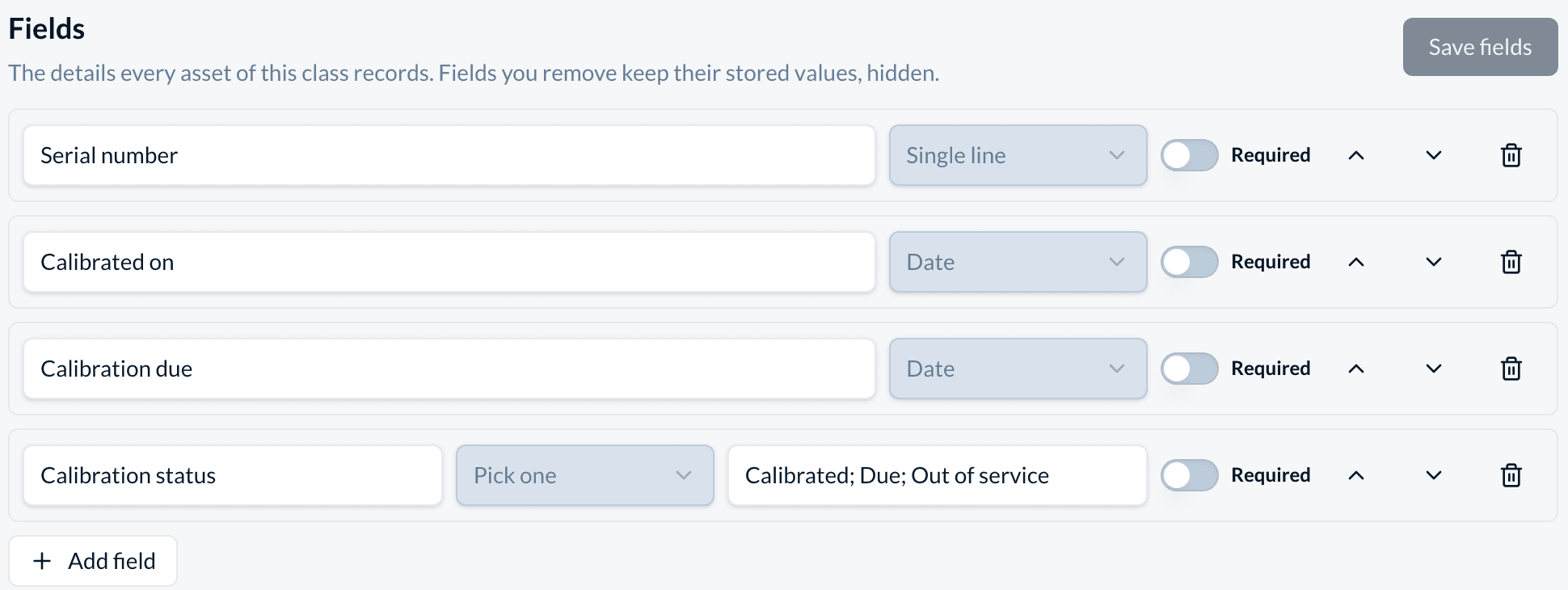 The Fields tab of the asset class Measuring equipment: Serial number as a single line, Calibrated on and Calibration due as dates, and Calibration status as pick one with the options Calibrated, Due and Out of service.