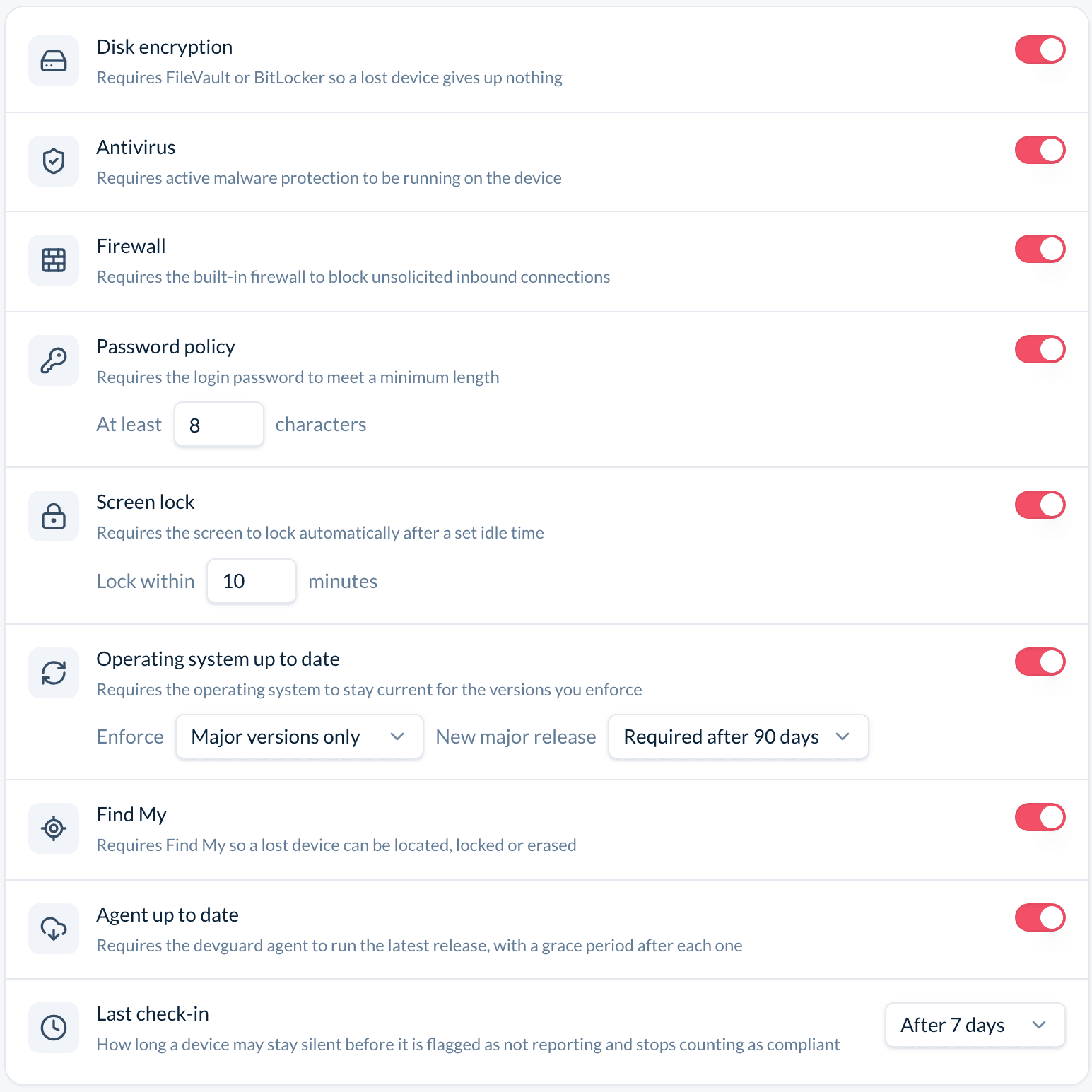 The Device policy of Acme AG: a switch for each of the eight checks, a password of at least 8 characters, a screen lock within 10 minutes, the update rule Major versions only with a new major release required after 90 days, and Last check-in set to After 7 days.