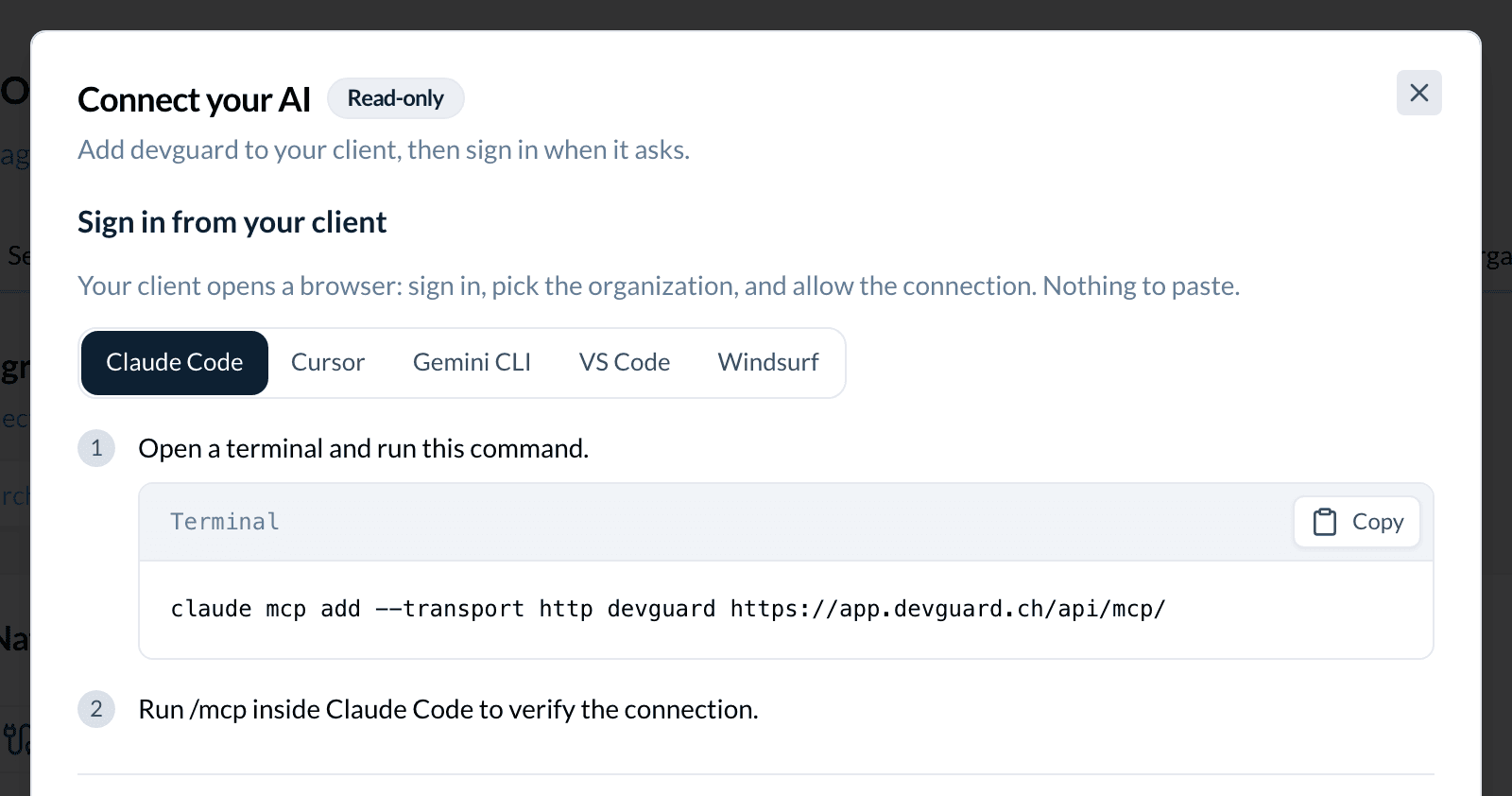 The Connect your AI dialog with the Claude Code tab selected: the one command to run and the step to verify it.