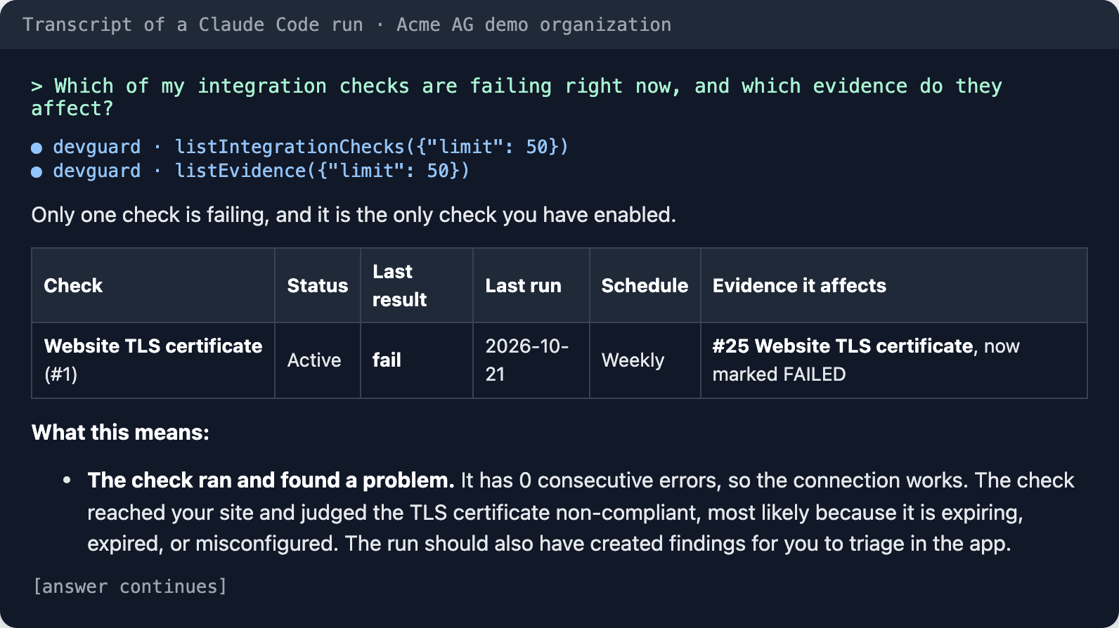A transcript of a Claude Code run: the question about failing integration checks, two devguard tool calls, listIntegrationChecks and listEvidence, then an answer with a table naming the failing check Website TLS certificate and the evidence it affects, #25, followed by one point of explanation.